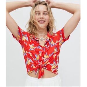Urban Outfitters Top Anya Tie Front Shirt Hawaiian Print Stretch Button Up M